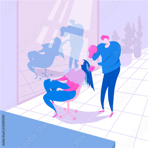 Master hairdresser doing hair styling to a young beautiful client. Beauty Salon Interior