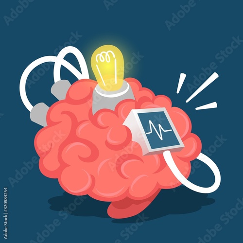 Vector creative illustration of pink human brain connected to la
