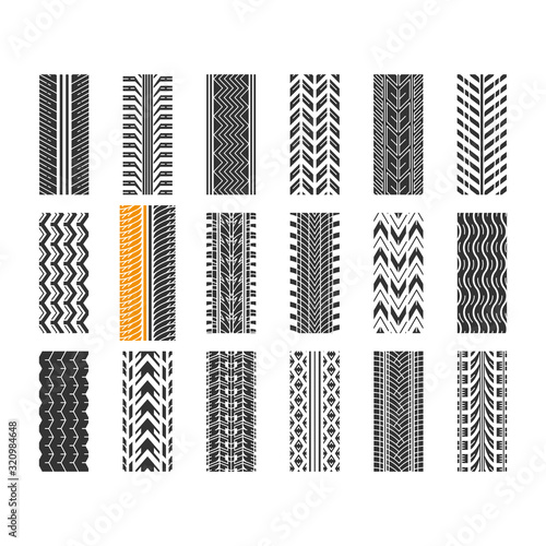 Tire tread black glyph icons set on white space. Detailed automobile, motorcycle, bike tyre marks. Car summer and winter wheel trace. Tire trail. Silhouette symbols. Vector isolated illustration