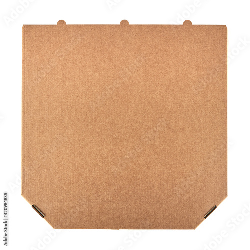 Closed empty craft cardboard pizza box inside, isolated on a white background. Top view.