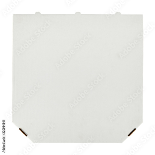 Closed empty pizza box made of white outside and craft cardboard inside, isolated on a white background. Top view.