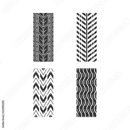 Track patterns black glyph icons set on white space. Detailed automobile, motorcycle, bike tyre marks. Car summer and winter wheel trace. Tire trail. Silhouette symbols. Vector isolated illustration