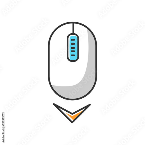 Scrolling mouse white RGB color icon. Down arrowhead indicator. Internet page browsing cursor. PC mouse and arrow. Modern computer element. Website pointer. Isolated vector illustration