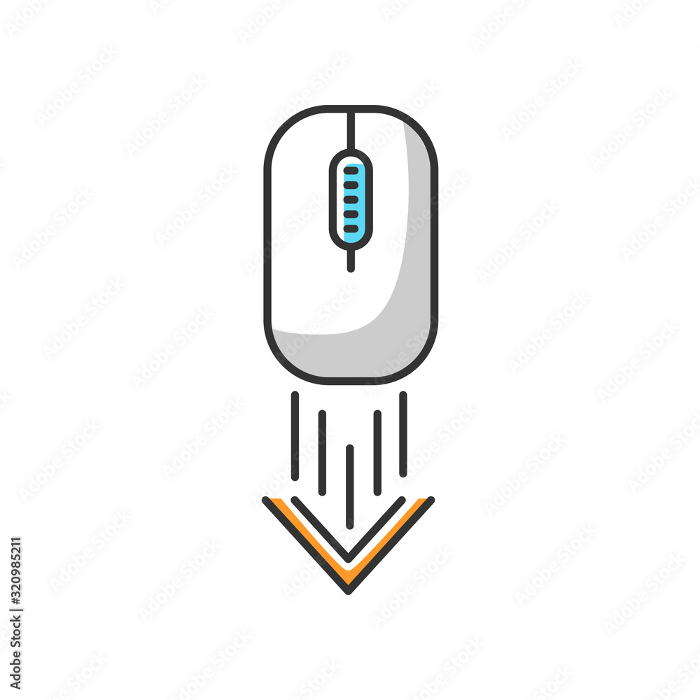 Scrolling down computer mouse white RGB color icon. Internet page browsing arrow. Scrolldown gesture indicator. Website pointer. Web cursor. PC mouse and moving arrowhead. Isolated vector illustration Scrolling down computer mouse white RGB color icon. Internet page browsing arrow. Scrolldown gesture indicator. Website pointer. Web cursor. PC mouse and moving arrowhead. Isolated vector illustration