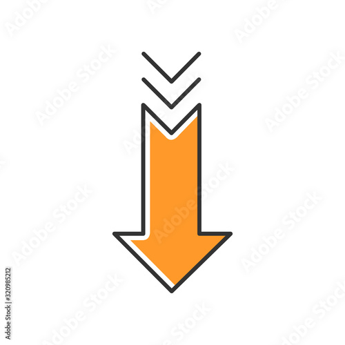Down arrow orange RGB color icon. Scrolldown gesture, interface navigational button. Website pointer. Way direction indicator. Downloading process, web cursor. Isolated vector illustration