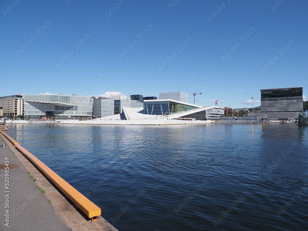 Panorama of european Oslo capital city reflected in water in Norway