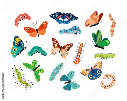 Set spring and summer colorful butterflies and caterpillars. Different cute silhouettes on white background. For festive card, logo, children, pattern, tattoo, decorative, concept. Vector illustration