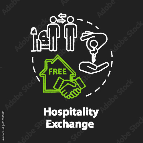 Hospitality exchange chalk RGB color concept icon. Money saving tourism, cheap accommodation idea. Free stay arrangement. Vector isolated chalkboard illustration on black background