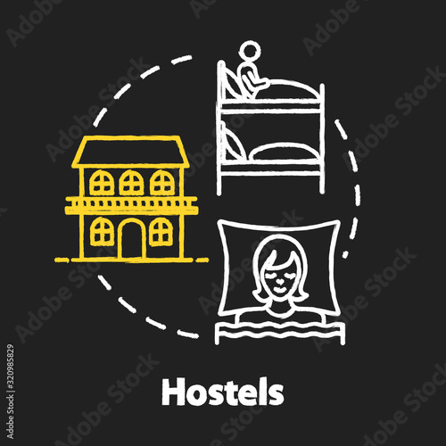 Hostels chalk RGB color concept icon. Affordable accommodation, budget travel idea. Cheap hotel service, guesthouse lodging. Vector isolated chalkboard illustration on black background