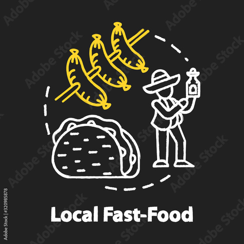 Local fast food chalk RGB color concept icon. Indigenous cooking, affordable meal idea. Cost effective nutrition, eating on the go. Vector isolated chalkboard illustration on black background