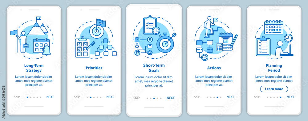 Time strategies onboarding mobile app page screen with concepts. Planning and scheming. Targeting walkthrough 5 steps graphic instructions. UI vector template with RGB color illustrations