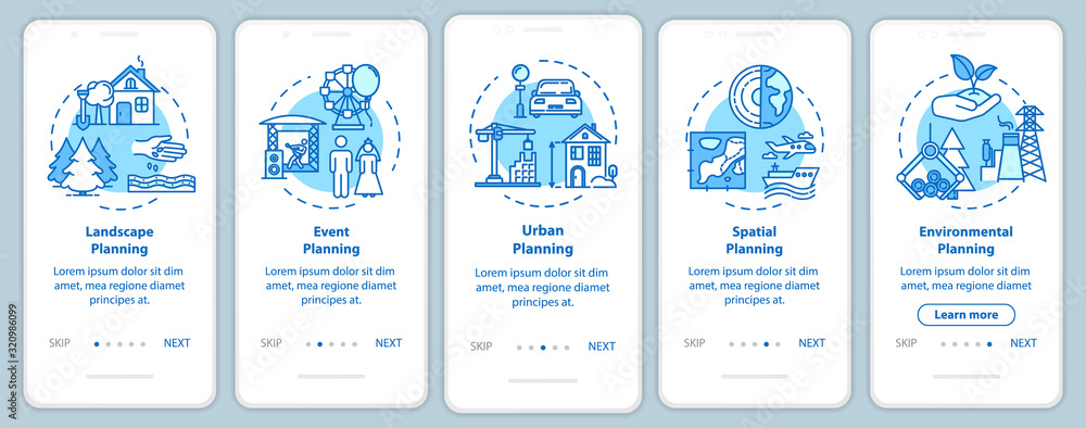 Landscape architecture onboarding mobile app page screen with concepts. Building infrastructure walkthrough 5 steps graphic instructions. UI vector template with RGB color illustrations Landscape architecture onboarding mobile app page screen with concepts. Building infrastructure walkthrough 5 steps graphic instructions. UI vector template with RGB color illustrations