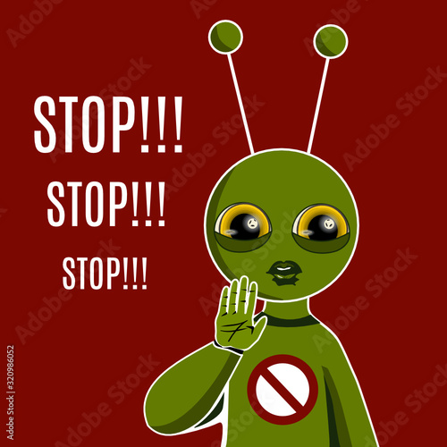 an alien raised his hand and shows a stop gesture, color vector illustration in comic and retro style on red isolated background