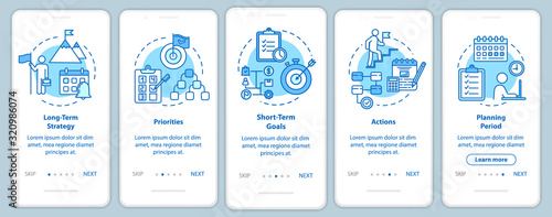 Time strategies onboarding mobile app page screen with concepts. Planning and scheming. Targeting walkthrough 5 steps graphic instructions. UI vector template with RGB color illustrations