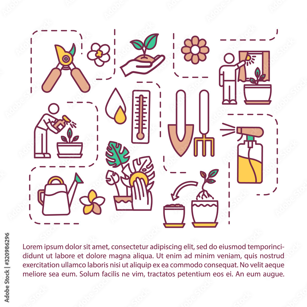 Indoor planting concept icon with text. Planting tools. Spraying, washing. Propagating, repotting. PPT page vector template. Brochure, magazine, booklet design element with linear illustrations Indoor planting concept icon with text. Planting tools. Spraying, washing. Propagating, repotting. PPT page vector template. Brochure, magazine, booklet design element with linear illustrations