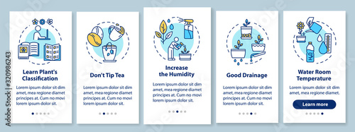 Caring for houseplants onboarding mobile app page screen with concepts. Dont tip tea. Floriculture walkthrough five steps graphic instructions. UI vector template with RGB color illustrations