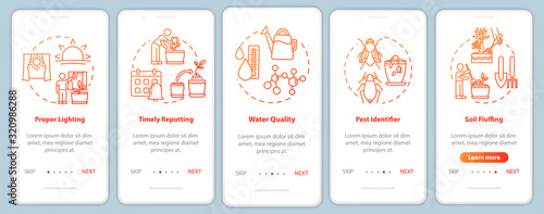 Flowers caring onboarding mobile app page screen with concepts. Regular repotting. Home gardening walkthrough five steps graphic instructions. UI vector template with RGB color illustrations