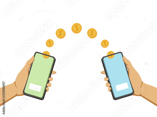 Hands holds a phone and falling money transferred to an online account. Gold coins pennies fall to another account on the phone. Vector flat cartoon illustration. Mobile payment transfer