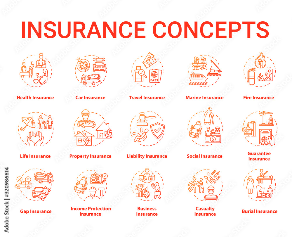 Insurance concept icons set. Protection from financial loss. Life policy plan. Risk management idea thin line RGB color illustrations. Vector isolated outline drawings. Editable stroke Insurance concept icons set. Protection from financial loss. Life policy plan. Risk management idea thin line RGB color illustrations. Vector isolated outline drawings. Editable stroke