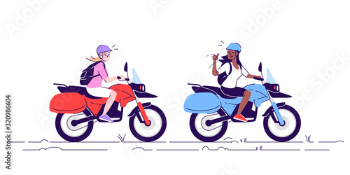 Two women on motorcycles flat doodle illustration. Tourists riding bikes. Woman using local transport with guide. Indonesia tourism 2D cartoon character with outline for commercial use