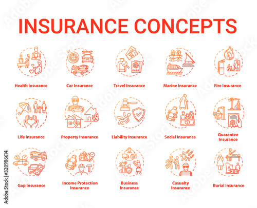 Insurance concept icons set. Protection from financial loss. Life policy plan. Risk management idea thin line RGB color illustrations. Vector isolated outline drawings. Editable stroke