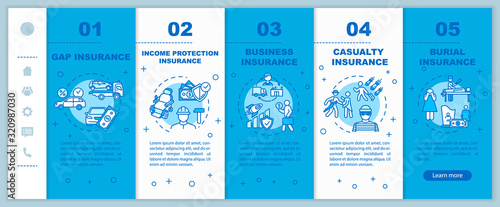 Income protection onboarding vector template. Gap insurance. Political coverage. Funeral assistance. Responsive mobile website with icons. Webpage walkthrough step screens. RGB color concept