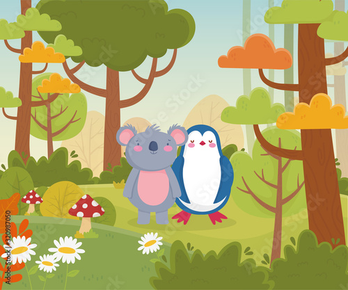 koala and penguin flowers and forest