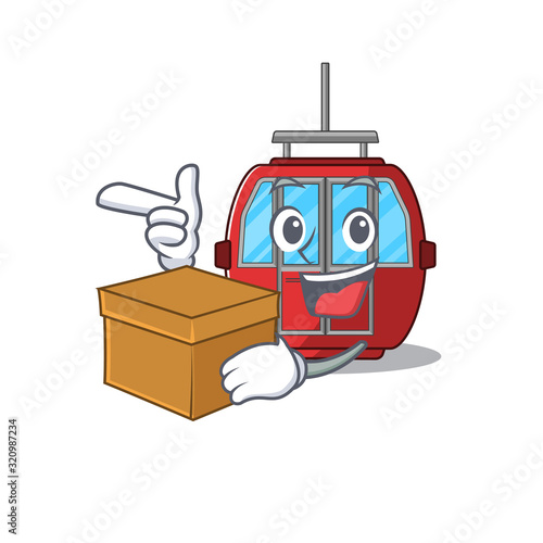 Cute ropeway cartoon character having a box