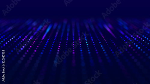 Wave of musical sounds. Abstract background with interweaving of dots and lines. 3D rendering.