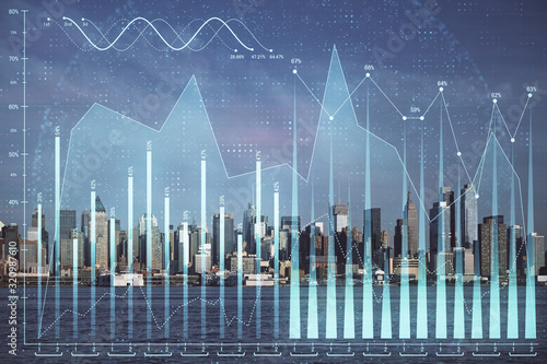 Forex chart on cityscape with skyscrapers wallpaper double exposure. Financial research concept. © peshkova