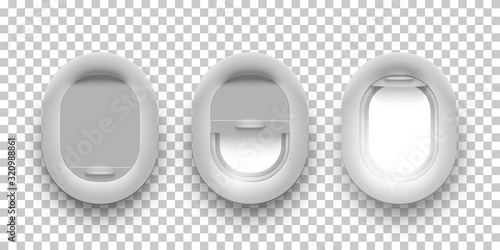 Three realistic airplane fuselage glass porthole. Plane windows open, half opened, closed. White illuminator frame set inside airliner cabin. Aircraft design element. Vector illustration.