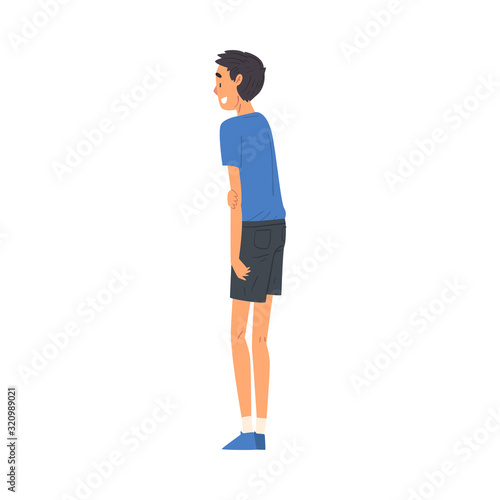 Young Man in Casual Clothes Standing Back and Looking at Something, View from Behind Vector Illustration