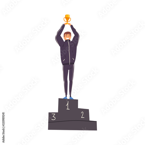 Successful Man Character Standing on Pedestal with Winner Cup Vector Illustration