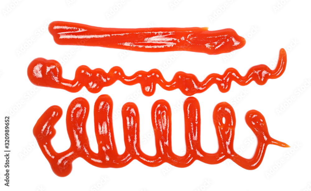 Red ketchup spreading, splashes, set and collection isolated on white background, tomato puree texture, top view Red ketchup spreading, splashes, set and collection isolated on white background, tomato puree texture, top view