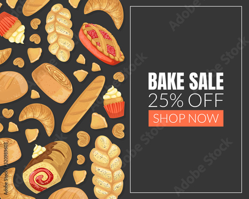Bake Sale Card Template with Baking Products Seamless Pattern, Element Can Be Used for Bakery Shop, Cafe Menu, Confectionery, Flyer, Certificate Vector Illustration