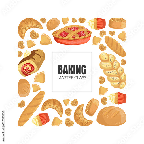 Baking Master Class Banner Template with Fresh Baking Products Seamless Pattern Vector Illustration