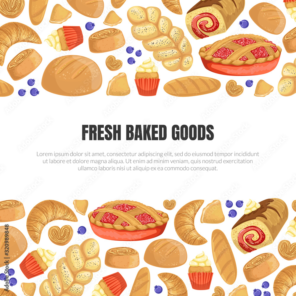 Fresh Baked Goods Banner Template with Baking Products Seamless Pattern and Place for Text Vector Illustration