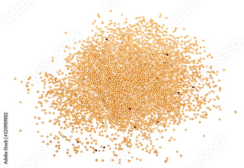 Obraz na płótnie Yellow mustard seeds macro isolated on white, top view w salonie