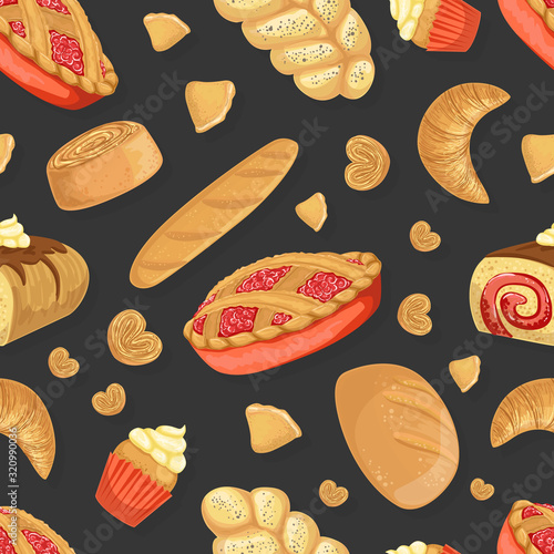 Baking Products Seamless Pattern, Fresh Baked Goods Design Element Can Be Used for Website, Cooking Book, Restaurant Menu, Wrapping Paper Vector Illustration