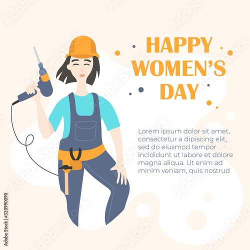 Happy women's day banner. Portrait of worker woman sitting on a stepladder. Vector cartoon illustration.