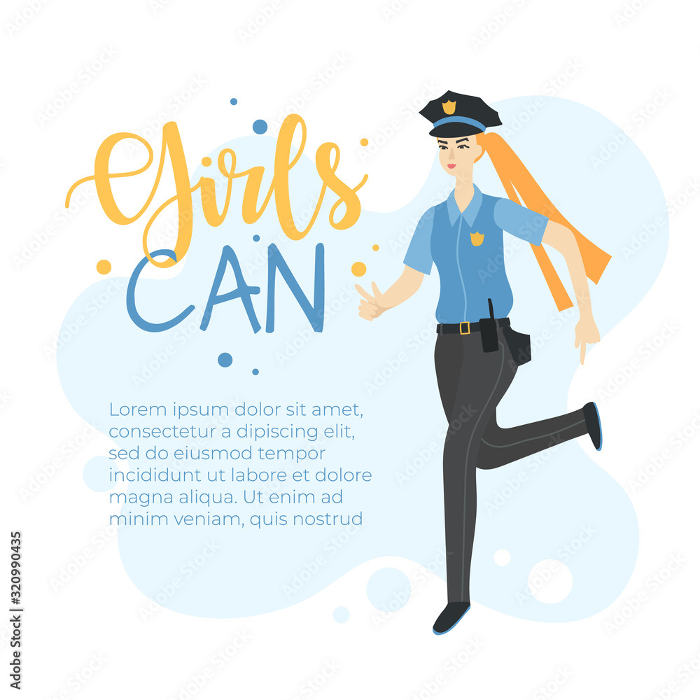 Female police officer running after the criminal, girls can vector banner. Female police officer running after the criminal, girls can vector banner.