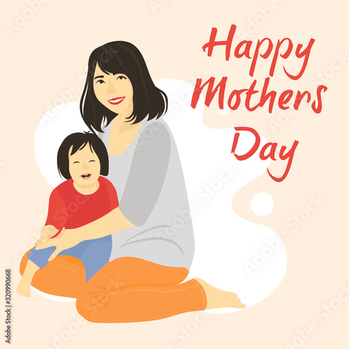Happy Mother's Day greeting card. Vector illustration with asian woman and baby. Design element for card, poster and banner.