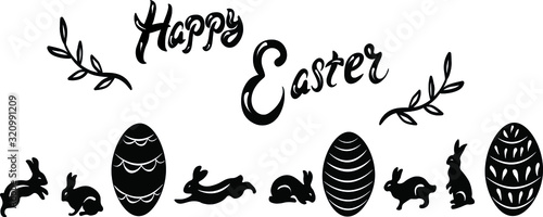 set of calligraphic ester rabbit , eggs  elements for design isolated on white background. Concept for logo, cards, icon 