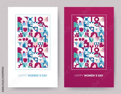 Set of abstract geometric posters for 8 march women`s day celebration with holiday symbols. Seamless  backgrounds for brochures, poster design. Vector illustration