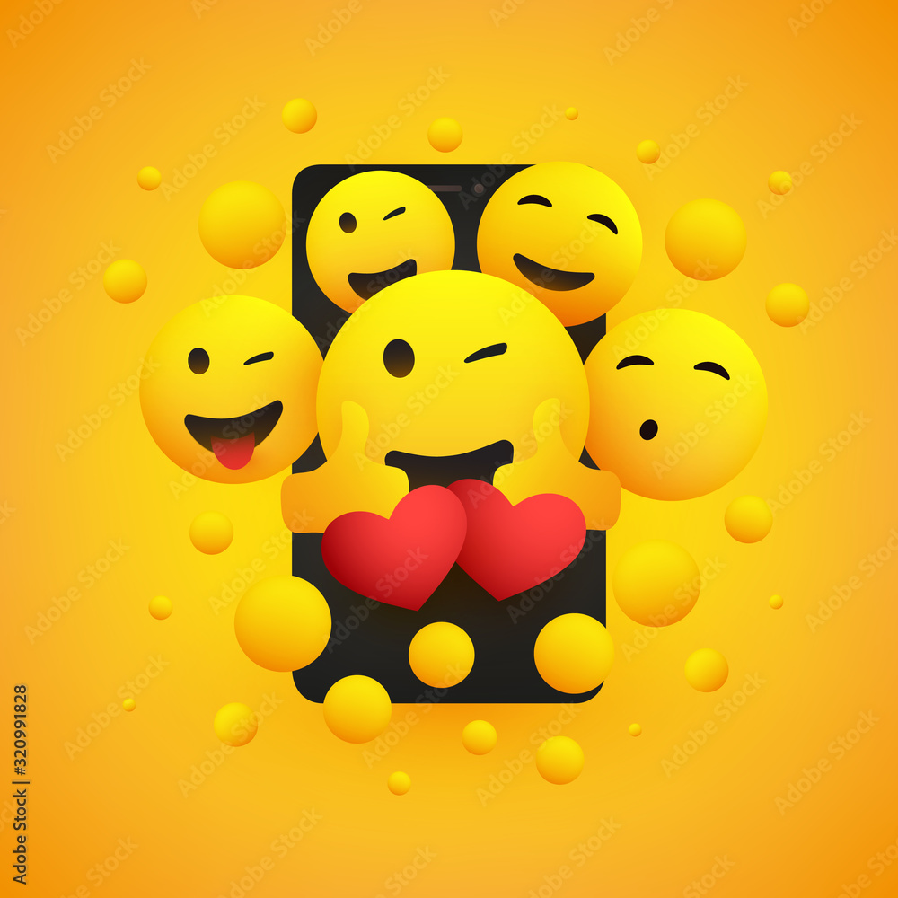 Fototapeta premium Various Smiling Happy Yellow Emoticons in Front of a Smartphone Screen, Vector Concept Design