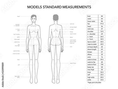Womens model measurements fashion terminology Illustration for lady size chart.