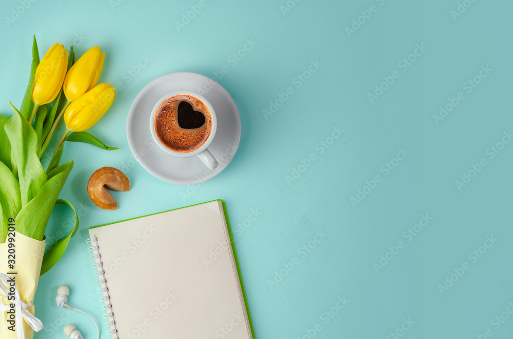 Morning coffee with tulips flowers. Spring concept.  - obrazy, fototapety, plakaty 