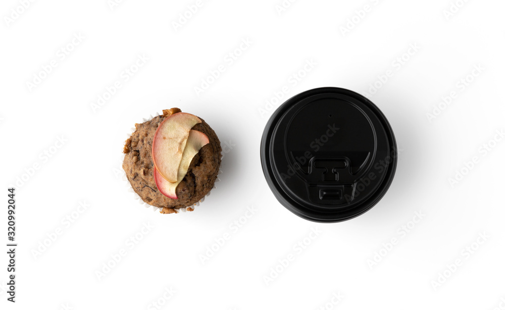 Top view flat lay homemade fresh vegan banana muffins with apple Top view flat lay homemade fresh vegan banana muffins with apple