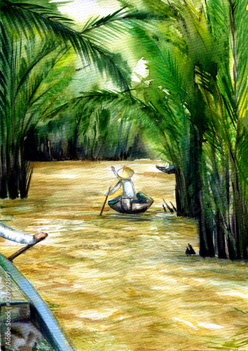 Watercolor painting of the Mekong river. Vietnam. Boat trip on the river.