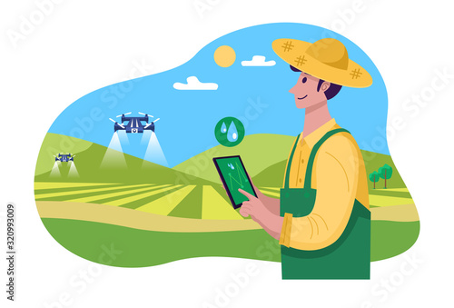 Future of farming, Young farmer operating drone to spray fertilizer on the green field, Vector Illustration